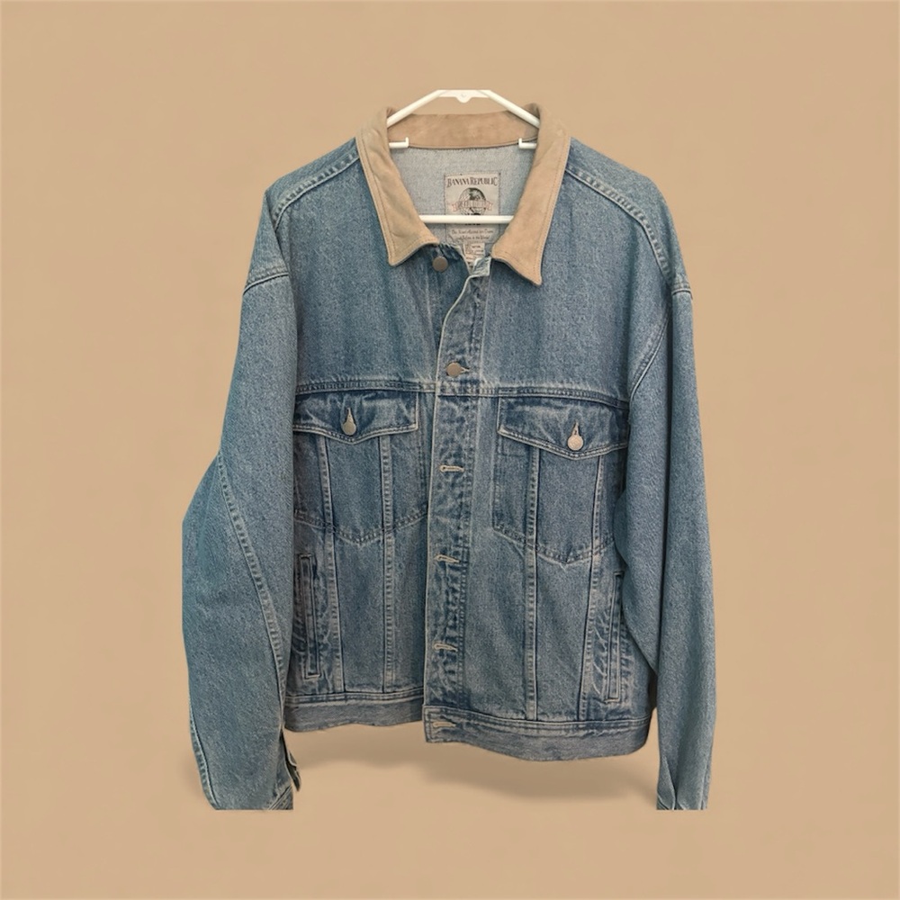 Vintage 90s-Y2K Banana Republic Denim Jean Trucker Jacket*XL*Leather*Blue